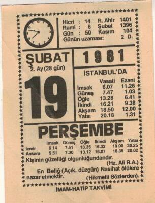 19 Şubat 1981 Takvim Yaprağı EFM(N)5426 - 1