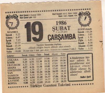 19 Şubat 1986 Takvim Yaprağı EFM(N)5230 - 1