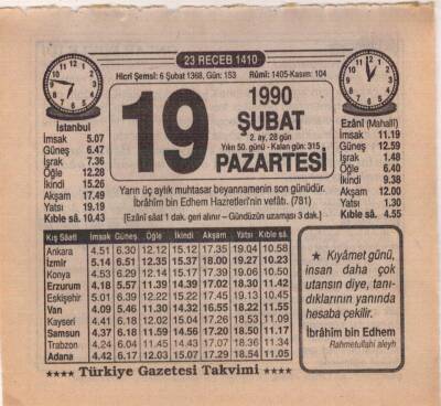 19 Şubat 1990 Takvim Yaprağı EFM(N)5202 - 1