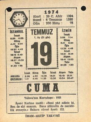 19 Temmuz 1974 Takvim Yaprağı - Doğum Günü Hediyesi EFM(N)12112 - 1