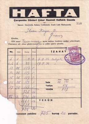 1934 Resimli Haftalık Gazete Antetli Fatura EFM(N)8233 - 1