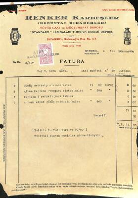 1936 Renker Kardeşler Rozental Biraderler, Büyük Saat Ve Mücevherat Deposu Antetli Damga Pullu Fatura EFM(N)12068 - 1