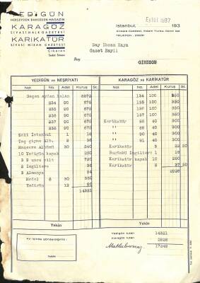 1937 Sedat Simavi Yedigün, Karagöz, Karikatür Matbaası - İhsan Kaya Antetli Fatura EFM(N)12057 - 1