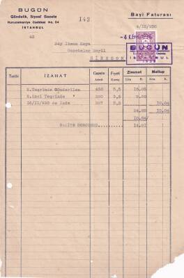 1938 Bugün Gündelik Siyasi Gazeteden İhsan Kaya Gazete Bayiine Antetli Fatura EFM(N)8227 - 1