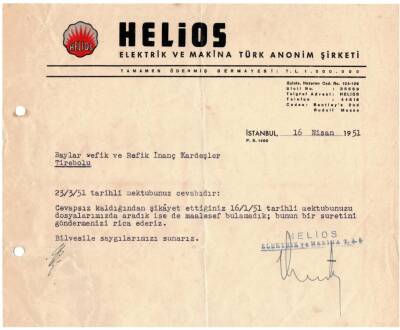 1951 Helios Elektirik ve Makina Türk AŞ. İmzalı Mektup EFM(N)953 - 1