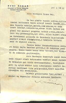 1951 NUri Özkan Ekonomi Ve Ticaret Bakanlığı Zatişleri Muamelat Şefi Antetli Islak İmzalı İş Yazışması EFM(N)12089 - 1