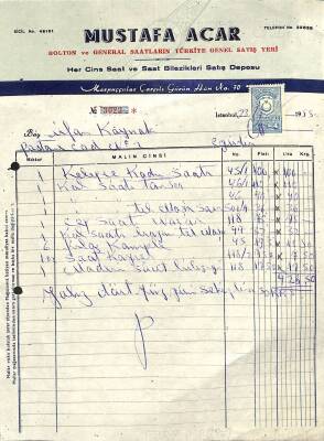 1955 Mustafa Acar Bolton Ve General Saatlerin Türkiye Genel Satış Yeri - İrfan Kaymak Antetli Islak İmzalı Damga Pullu Fatura EFM(N)12100 - 1