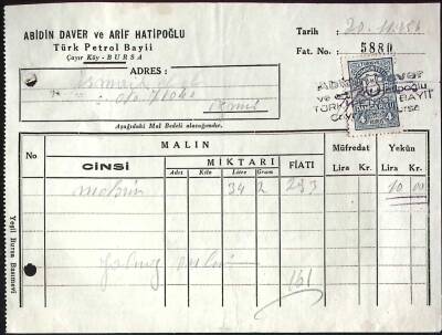 1956 Abidin Daver ve Arif Hatipoğlu Türk Petrol Bayi Antetli Damga Pullu Fatura EFM(N)11481 - 1