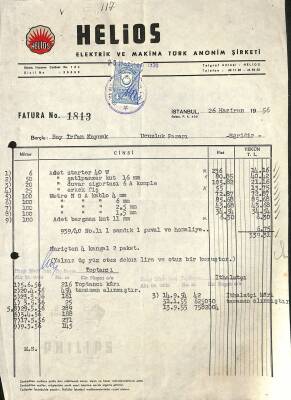 1956 Helios Elektrik Ve Makina Türk Anonim Şirketi - İrfan Kaymak Antetli Damga Pullu Islak İmzalı Fatura EFM(N)12033 - 1