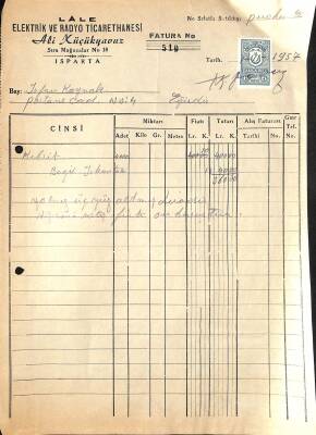 1957 Lale Elektrik Ve Radyo Ticarethanesi Ali Küçükyavuz Isparta - İrfan Kaymak Antetli Pullu Islak İmzalı Fatura EFM(N)12032 - 1