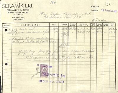 1957 Seramik Ltd - İrfan Kaymak Antetli Islak İmzalı Damga Pullu Fatura EFM(N)12075 - 1