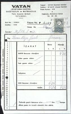 1957 VATAN Siyasi Sabah Gazetesi Antetli Damga Pullu Fatura EFM(N)11597 - 1