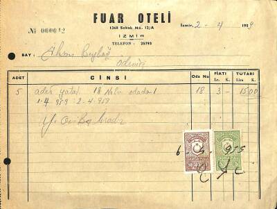 1959 Fuar Oteli İzmir Antetli Damga Pullu Islak İmzalı Fatura EFM(N)12056 - 1