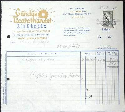 1962 Gündüz Ticarethanesi Ali Gündüz Alman MWM Traktör Yedekleri Damga Pullu Fatura EFM(N)11588 - 1