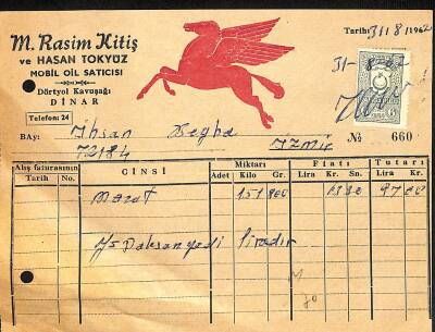 1962 M. Rasim Kitiş Ve Hasan Tokyüz Mobil Oil Satıcısı Antetli Damga Pullu Islak İmzalı Fatura EFM(N)12041 - 1