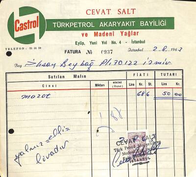 1963 Castrol Cevat Salt Türkpetrol Akaryakıt Bayiliği Ve Madeni Yağlar Antetli Islak İmzalı Damga Pullu Fatura EFM(N)12228 - 1