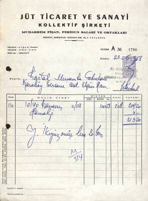 1968 JÜT Ticaret Muharrem Pişan, Feridun Salari Antetli Damga Pullu Fatura EFM(N)10939 - 1