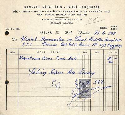 1968 Yunan PANAYOT MİHAİLİDİS ve FAHRİ HAKÇOBANI Antetli Damga Pullu Fatura EFM(N)10935 - 1