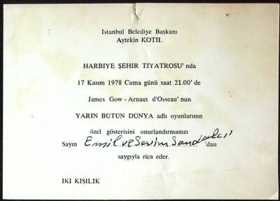 1978 İstanbul Belediye Başkanı Aytekin Kotil Yarın Bütün Dünya Oyunu Davetiyesi - Emil Galip Sandalcı ya EFM(N)11498 - 1