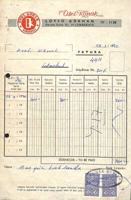 1980 OTEL KONAK LÜTFÜ GÖKHAN Antetli Damga Pullu Fatura EFM(N)10942 - 1