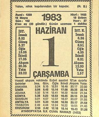 1Haziran 1983 Takvim Yaprağı - Doğum Günü Hediyesi EFM(N)12145 - 1