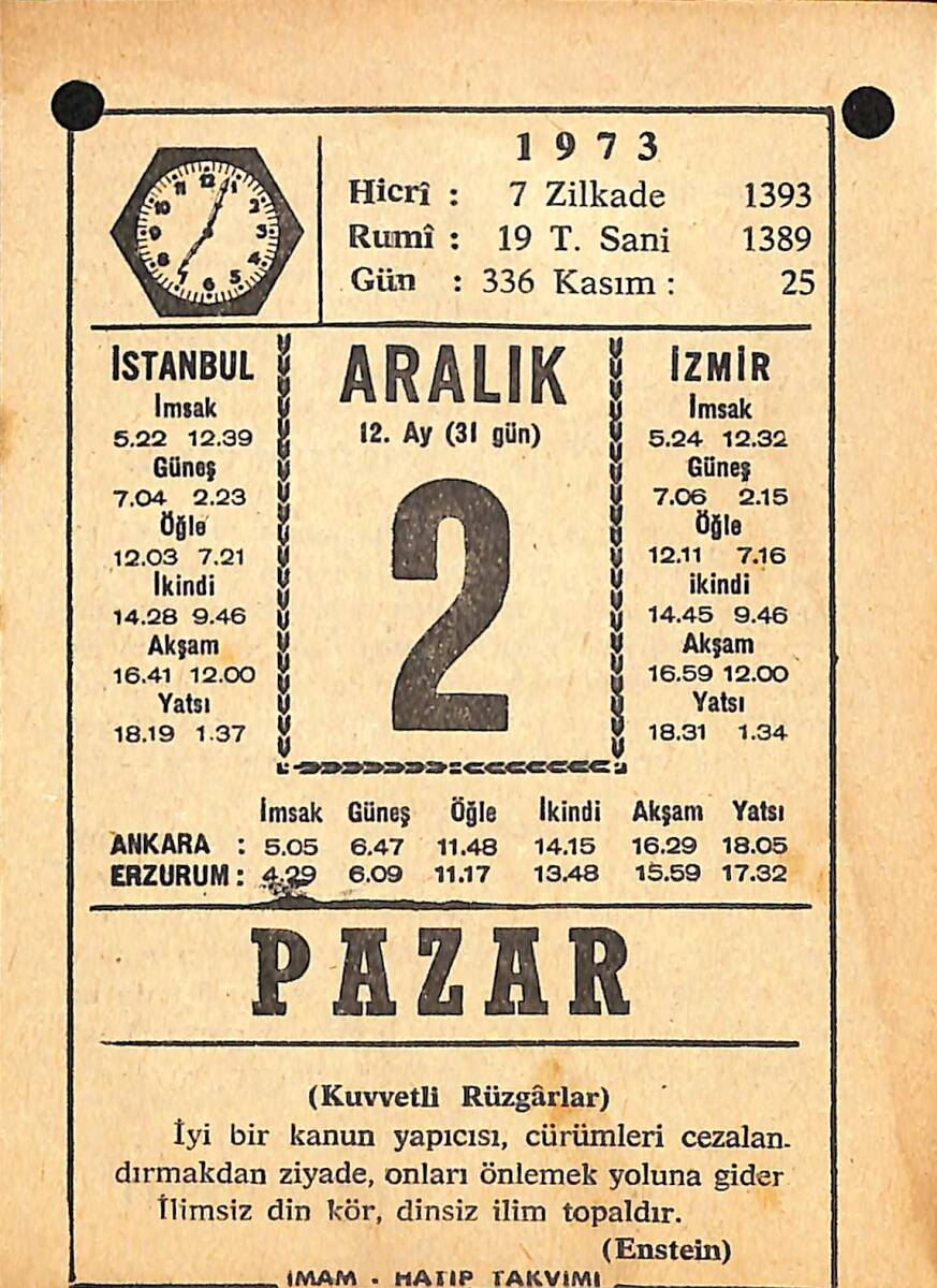 2 Aralık 1973 Takvim Yaprağı - Doğum Günü Hediyesi EFMN13684 - 1