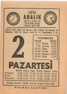 2 Aralık 1974 Takvim Yaprağı EFM(N)4284 - 3