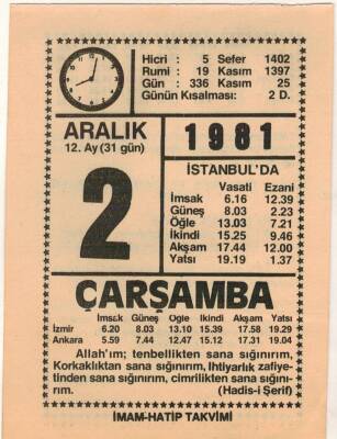 2 Aralık 1981 Takvim Yaprağı EFM(N)4407 - 2