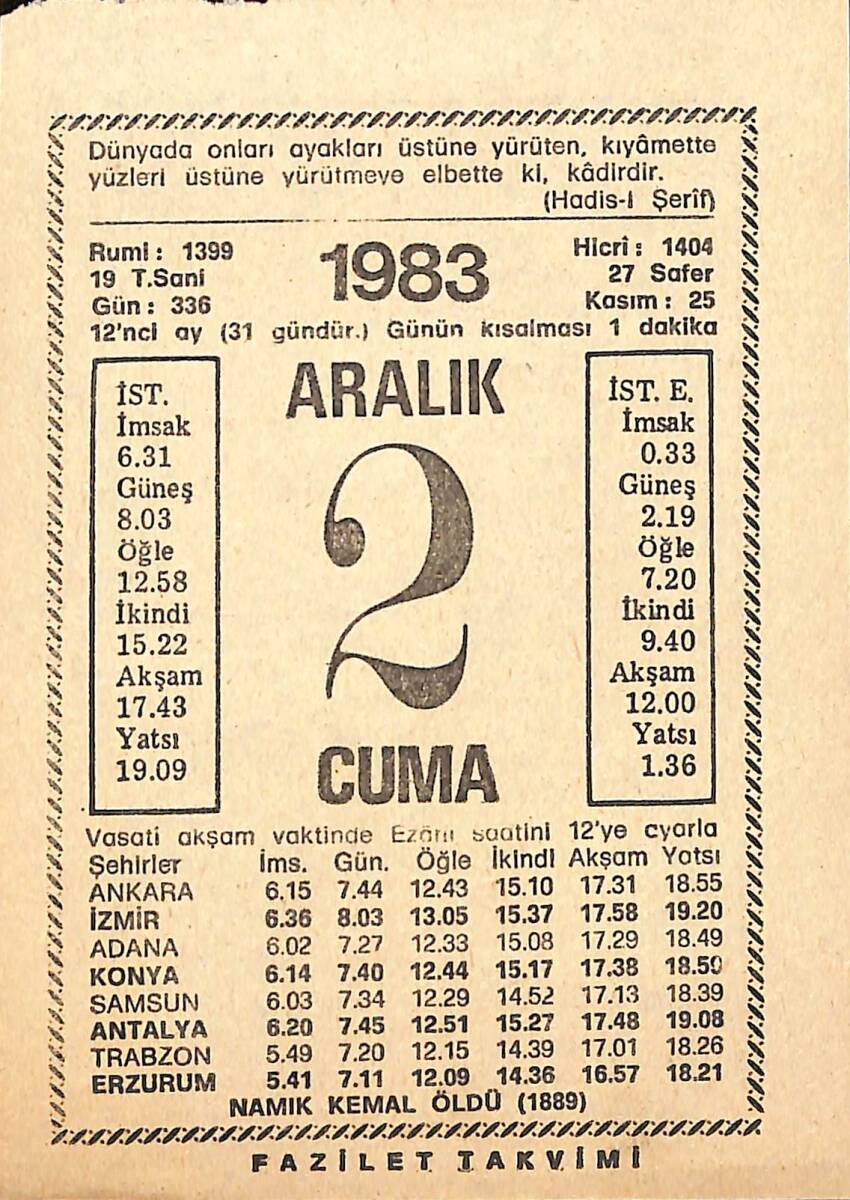 2 Aralık 1983 Takvim Yaprağı - Doğum Günü Hediyesi EFMN13607 - 1