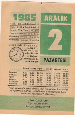 2 Aralık 1985 Takvim Yaprağı EFM(N)4099 - 2