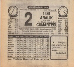 2 Aralık 1989 Takvim Yaprağı EFM(N)4192 - 3