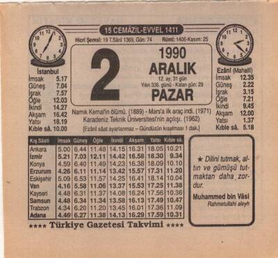 2 Aralık 1990 Takvim Yaprağı EFM(N)4130 - 3