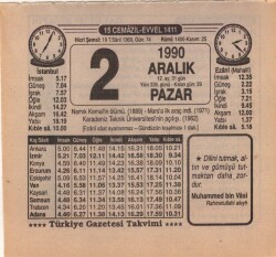 2 Aralık 1990 Takvim Yaprağı EFM(N)4130 - 2