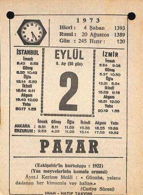 2 Eylül 1973 Takvim Yaprağı - Doğum Günü Hediyesi EFM(N)9848 - 2