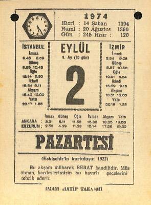 2 Eylül 1974 Takvim Yaprağı - Doğum Günü Hediyesi EFM(N)12172 - 1