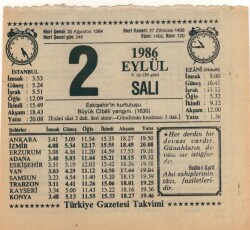 2 Eylül 1986 Takvim Yaprağı EFM(N)2597 - 3