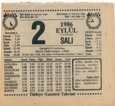 2 Eylül 1986 Takvim Yaprağı EFM(N)2597 - 2