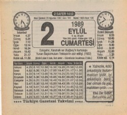 2 Eylül 1989 Takvim Yaprağı EFM(N)2599 - 3