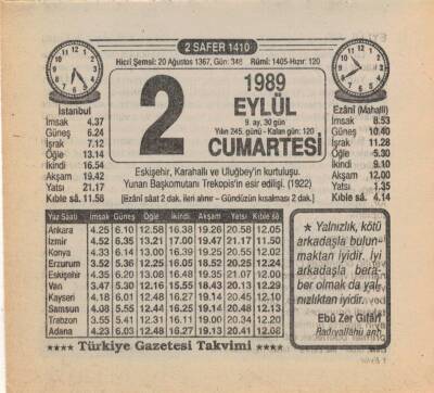 2 Eylül 1989 Takvim Yaprağı EFM(N)2599 - 3