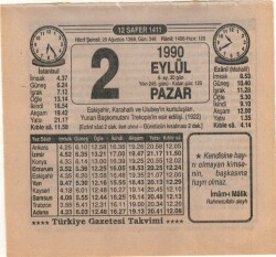 2 Eylül 1990 Takvim Yaprağı EFM(N)2600 - 3