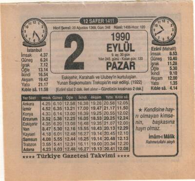 2 Eylül 1990 Takvim Yaprağı EFM(N)2600 - 1