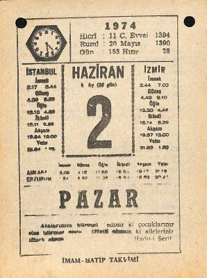 2 Haziran 1974 Takvim Yaprağı - Doğum Günü Hediyesi EFM(N)11973 - 1