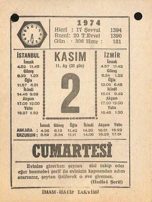 2 Kasım 1974 Takvim Yaprağı - Doğum Günü Hediyesi EFM(N)10764 - 4