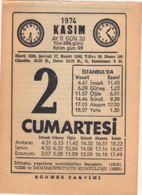 2 Kasım 1974 Takvim Yaprağı EFM(N)3312 - 3