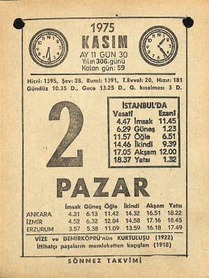 2 Kasım 1975 Takvim Yaprağı - Doğum Günü Hediyesi EFM(N)12580 - 1