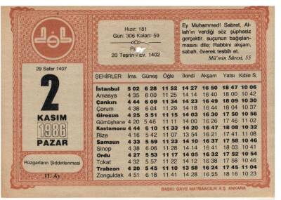 2 Kasım 1986 Takvim Yaprağı EFM1027 - 2