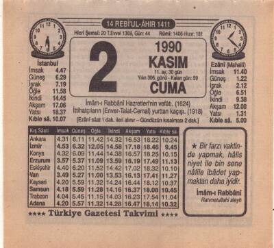 2 Kasım 1990 Takvim Yaprağı EFM(N)3916 - 3