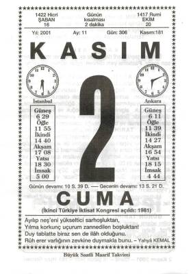 2 Kasım 2001 Takvim Yaprağı Doğum Günü Hediyesi EFM(N)3981 - 3