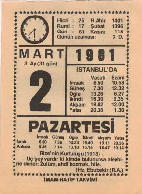 2 Mart 1981 Takvim Yaprağı EFM(N)6005 - 3