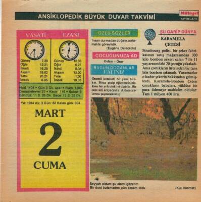 2 Mart 1984 Takvim Yaprağı EFM(N)5788 - 1